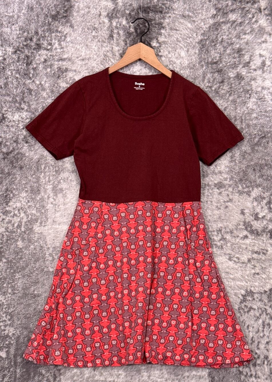 Svaha Dress Small Womens Organic Cotton Sloth Print Short Sleeve Fit And Flare